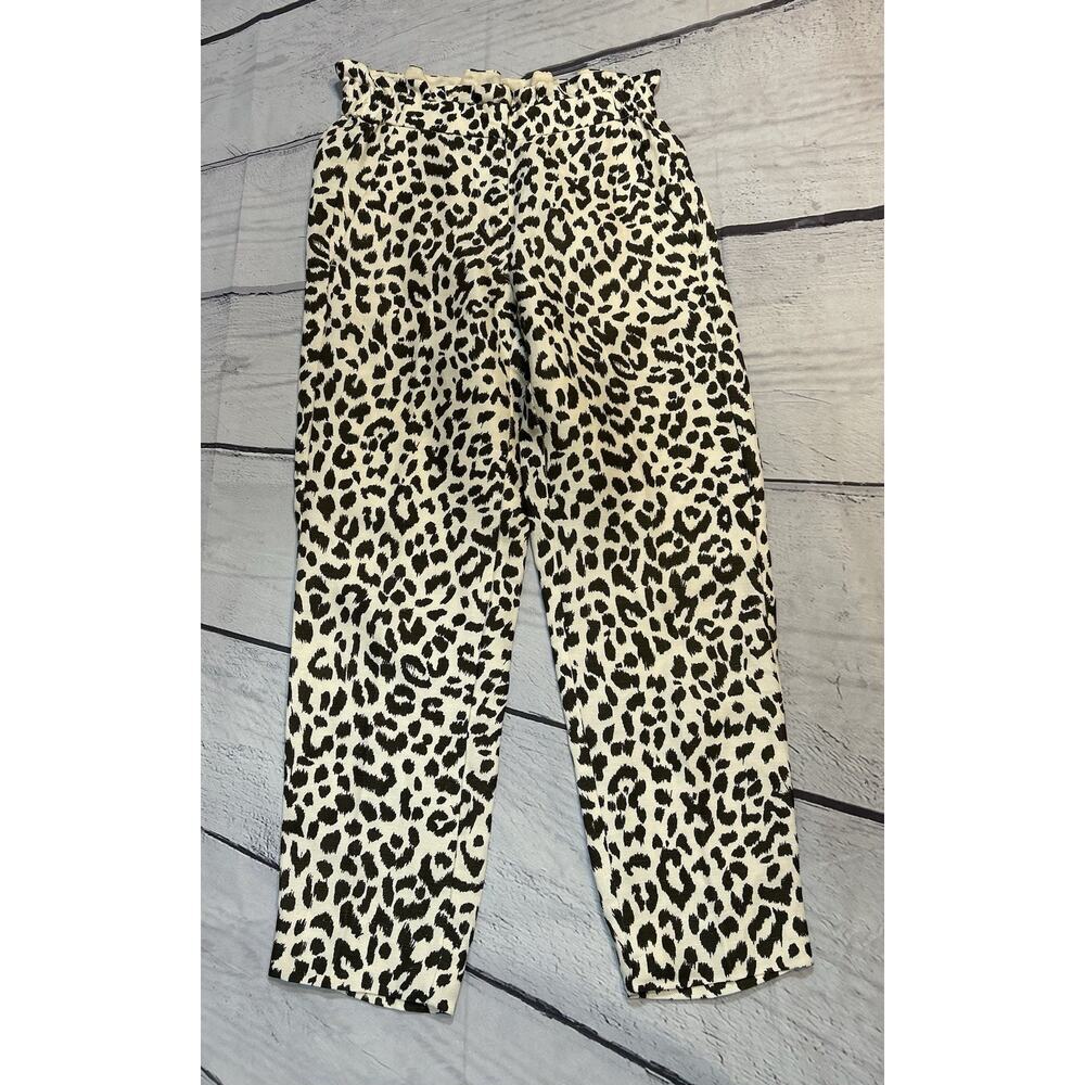 J.Crew Leopard Print Wide Leg Pants Paperbag Banded Waist Cream Brown Size 00